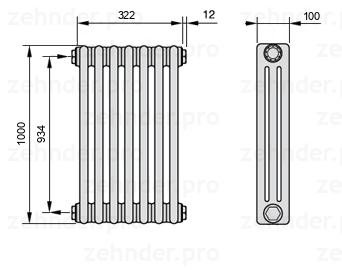 Схема (чертеж) Радиатор Zehnder Charleston 3100/7 №1270 Белый глянцевый RAL 9016